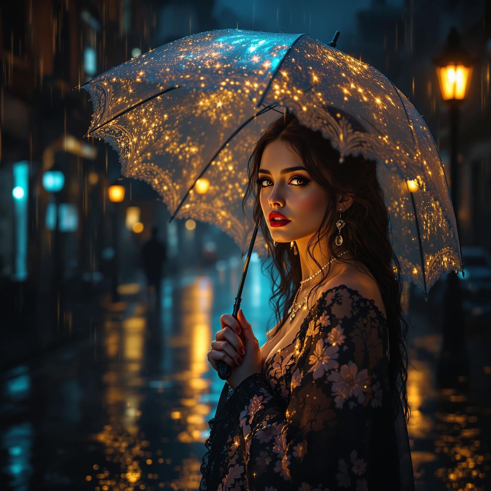 Enchanting Woman with Umbrella in Rain-Soaked Street