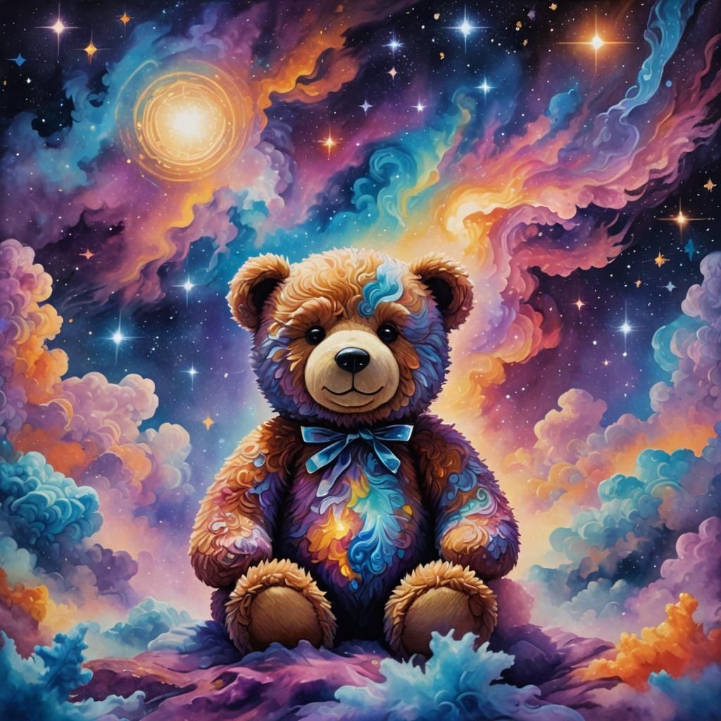 Cosmic Teddy Bear in Psychedelic Astral Landscape