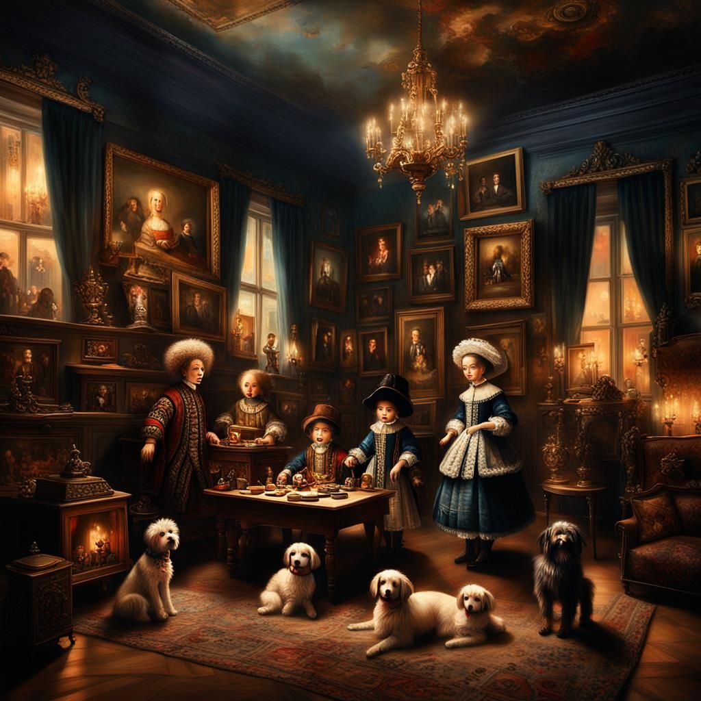 Dog Celebrities Living in a Dollhouse: A Rembrandt-Style Pai...