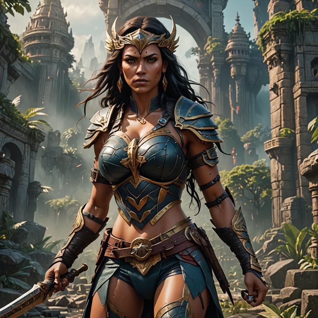 Amazon Giantess Warrior in Detailed Matte Painting