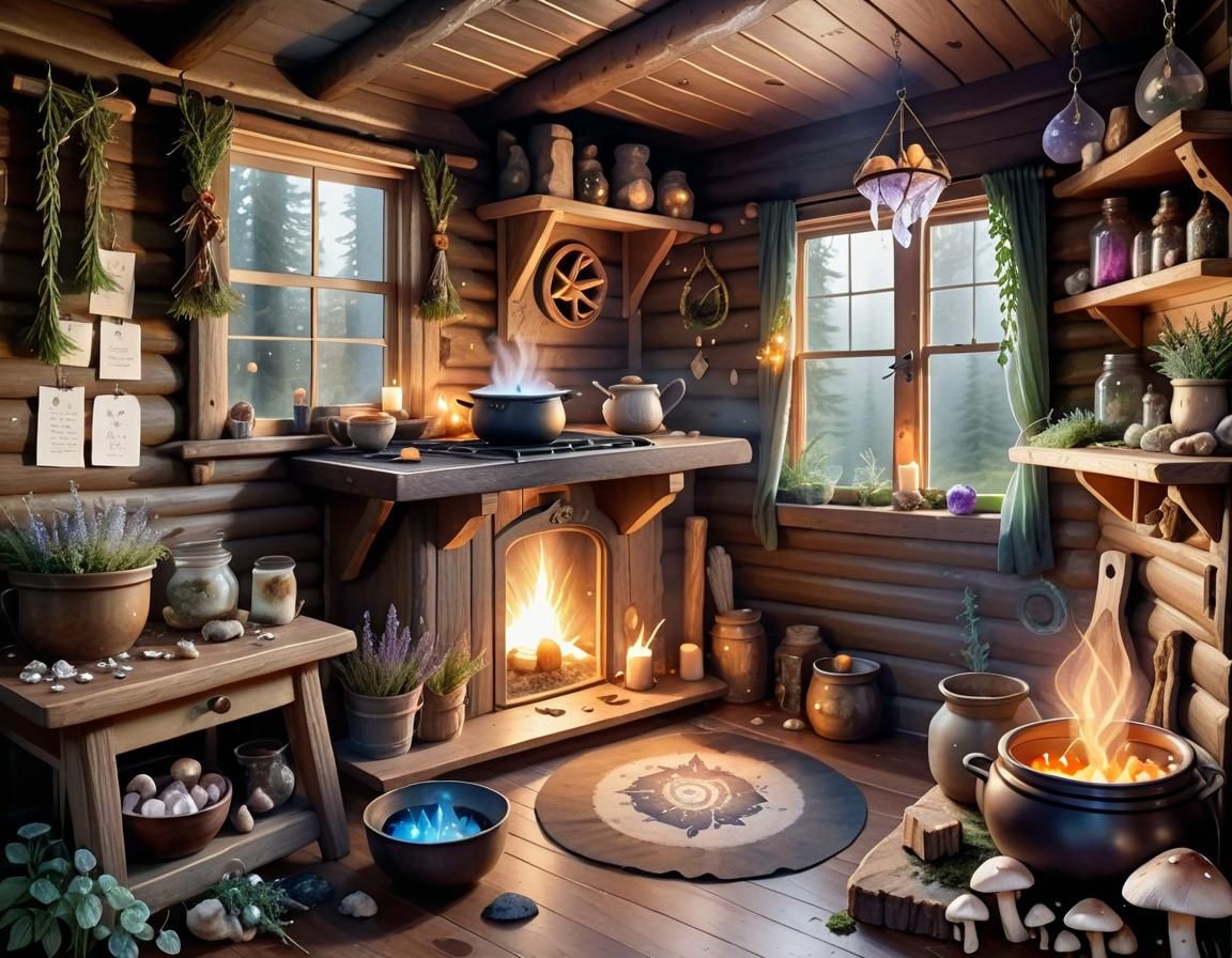 Cozy Pagan Cabin with Cauldron in Watercolor Style
