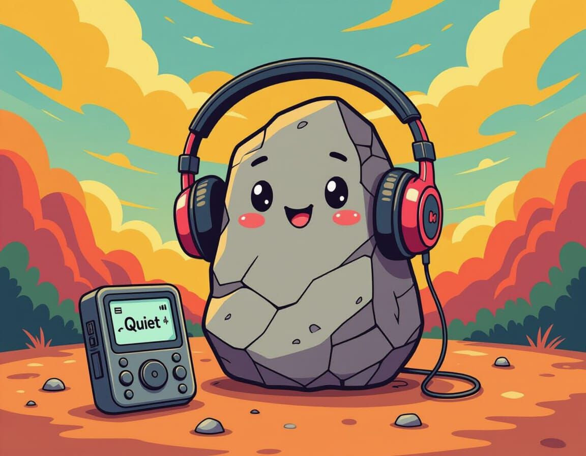 Cartoon Rock with Earphones in Digital Art Style