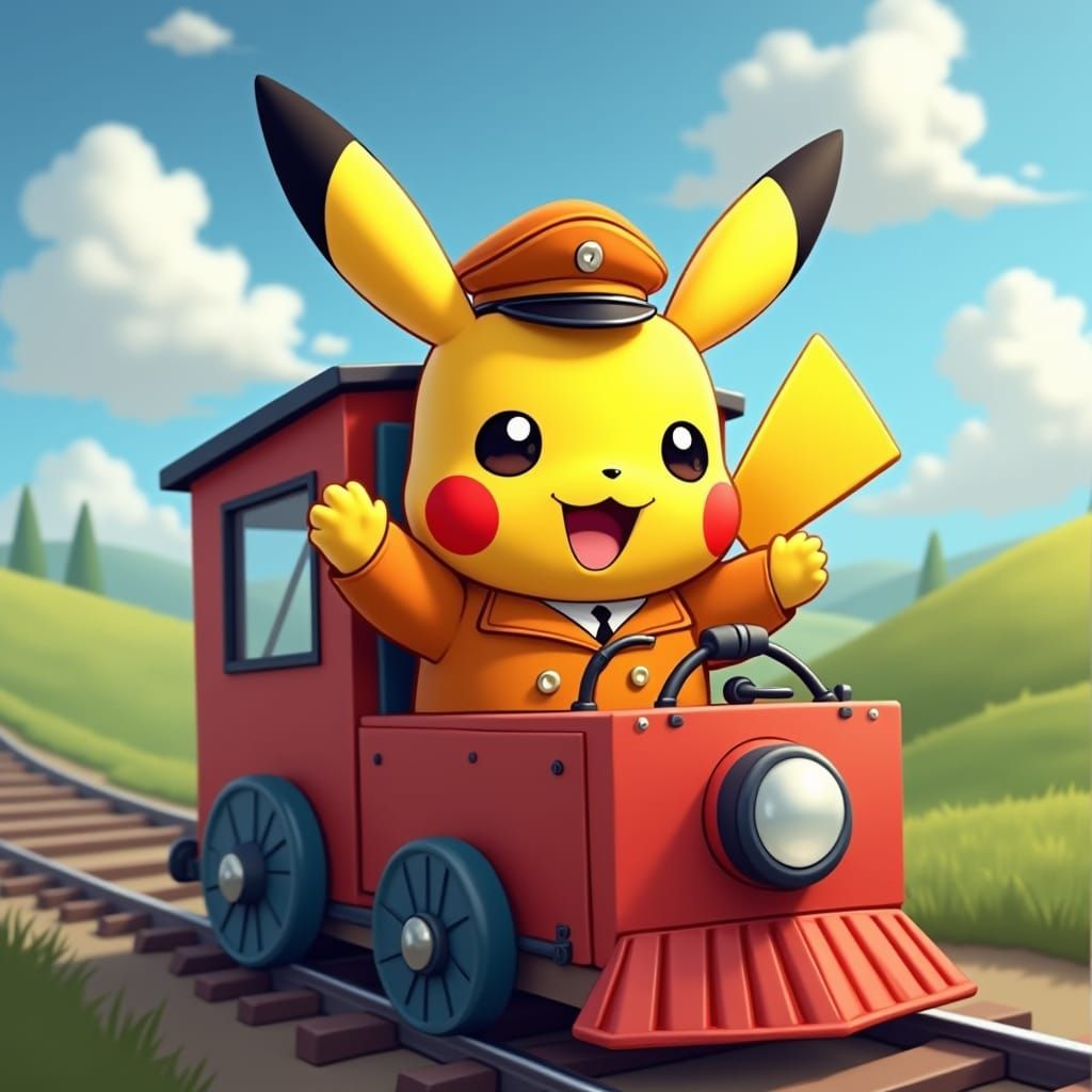Happy Pikachu Train Conductor Driving a Train