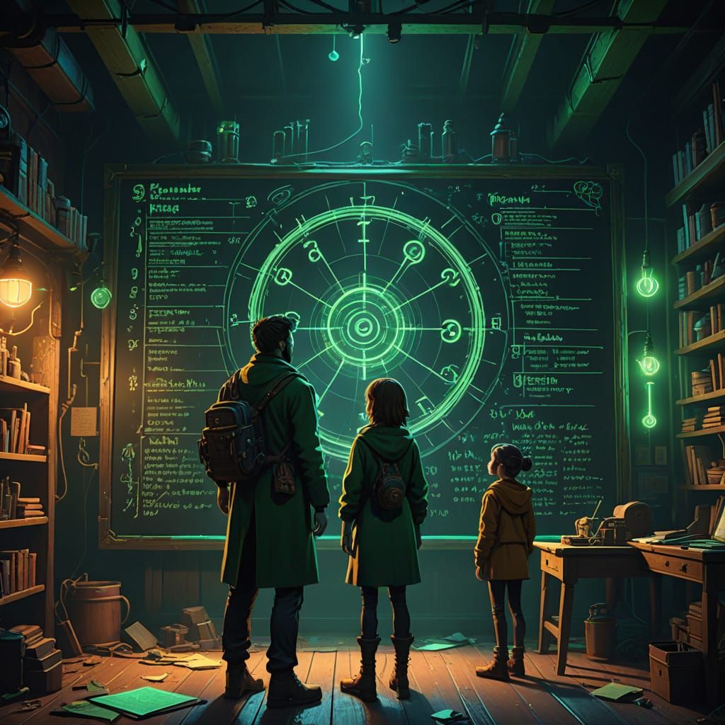 Stylized Study Scene in Vibrant Neon and Gold