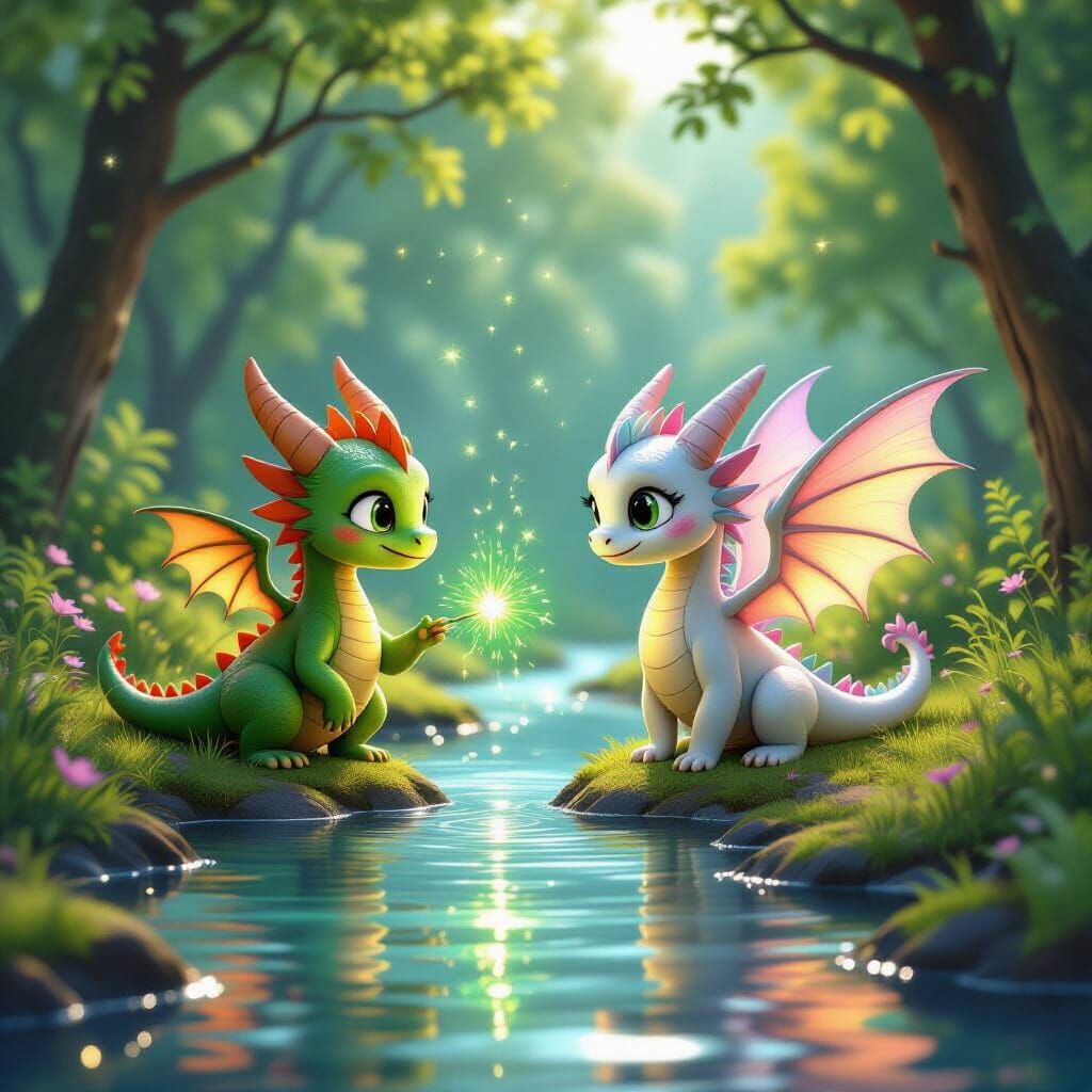Two Dragons Play by a Forest Stream in Pixar Style