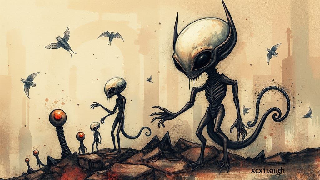 Surreal Alien Alcohol-Ink Painting in Dreamlike Atmosphere