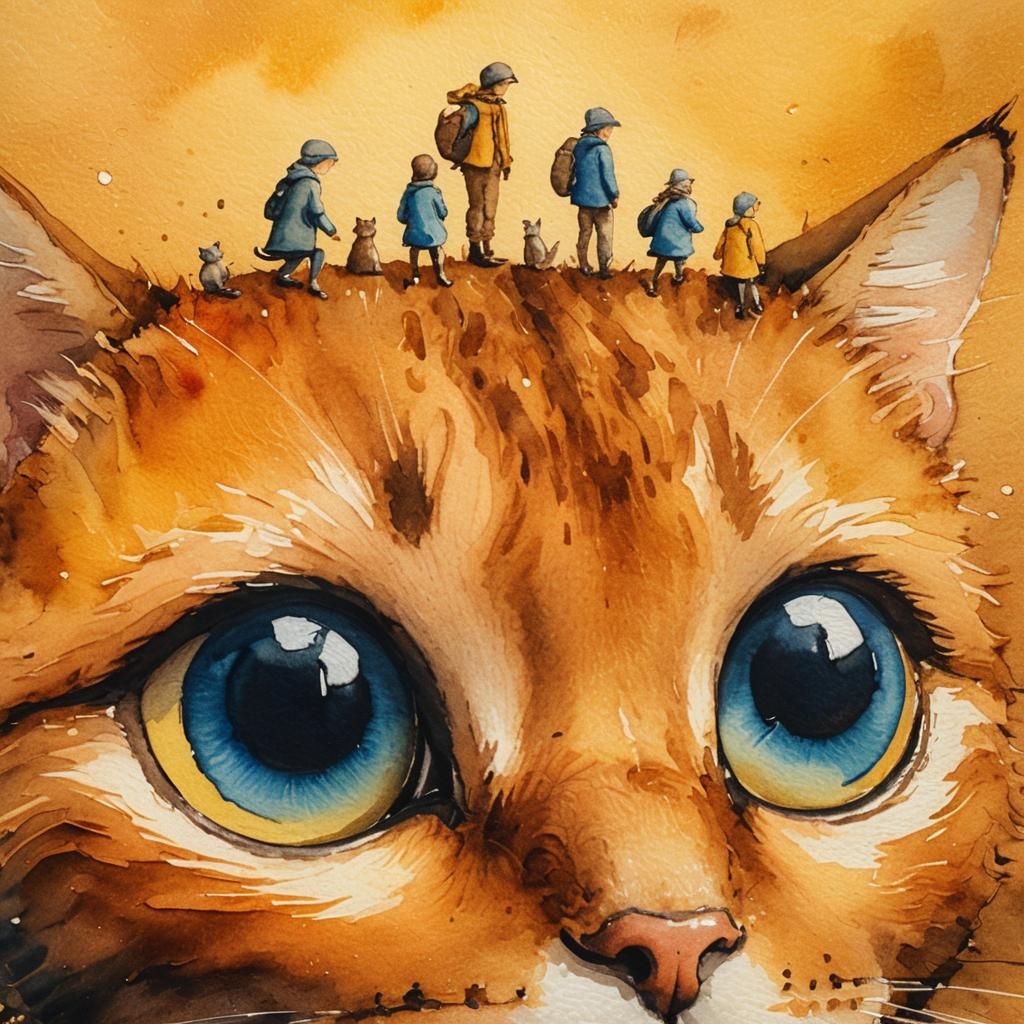 Tiny people climb the cat