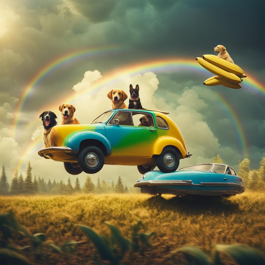 Dogs Ride Banana Cars Over Rainbows: Cinematic Still