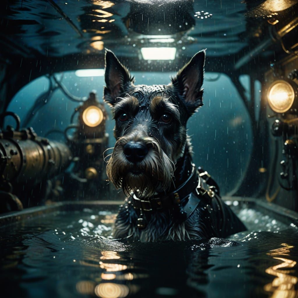 Schnauzer in WWII Submarine, Film Noir Style