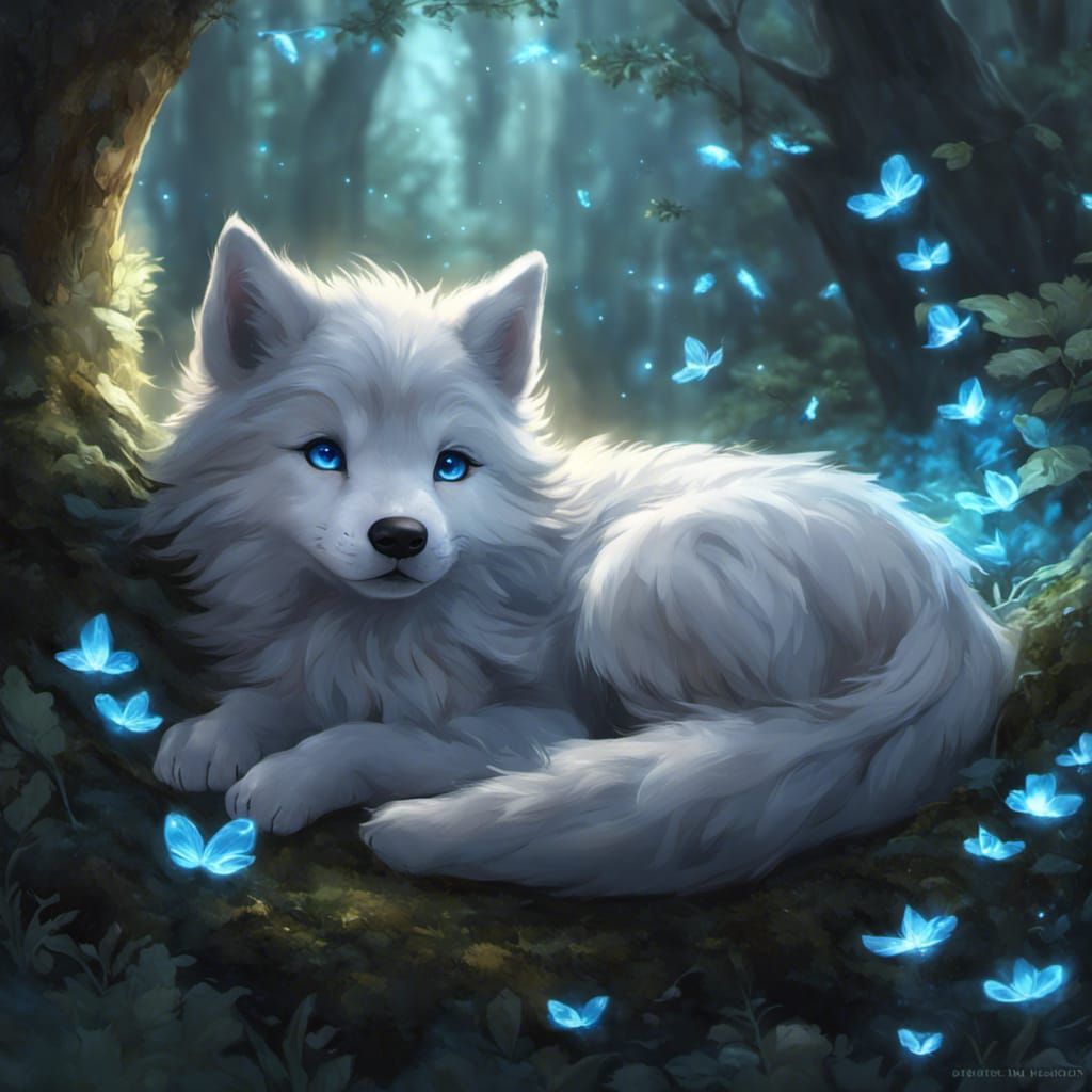 Cute Wolf Chibi Portrait with Bioluminescent Fireflies