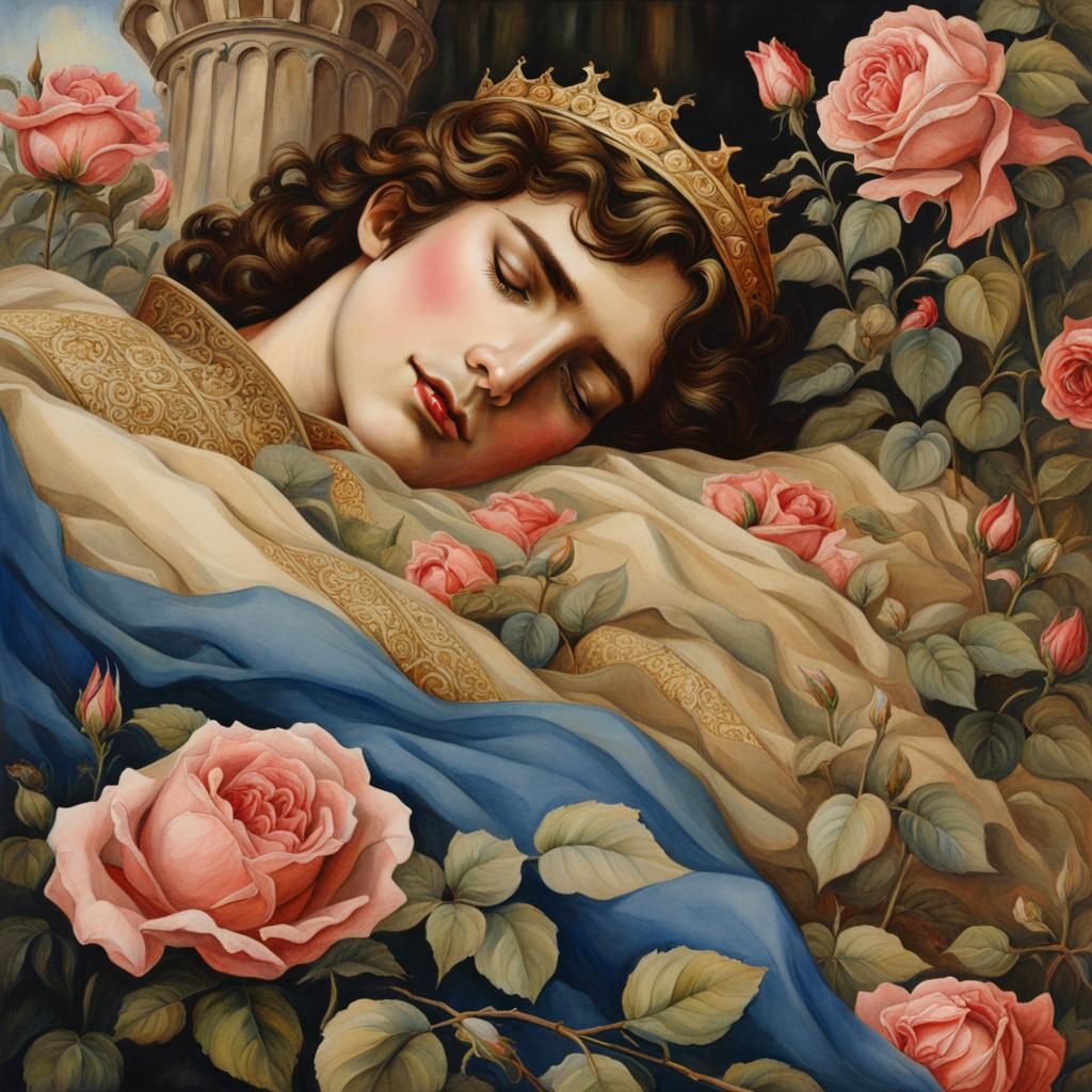 Sleeping King in Rose Covered Castle Watercolor