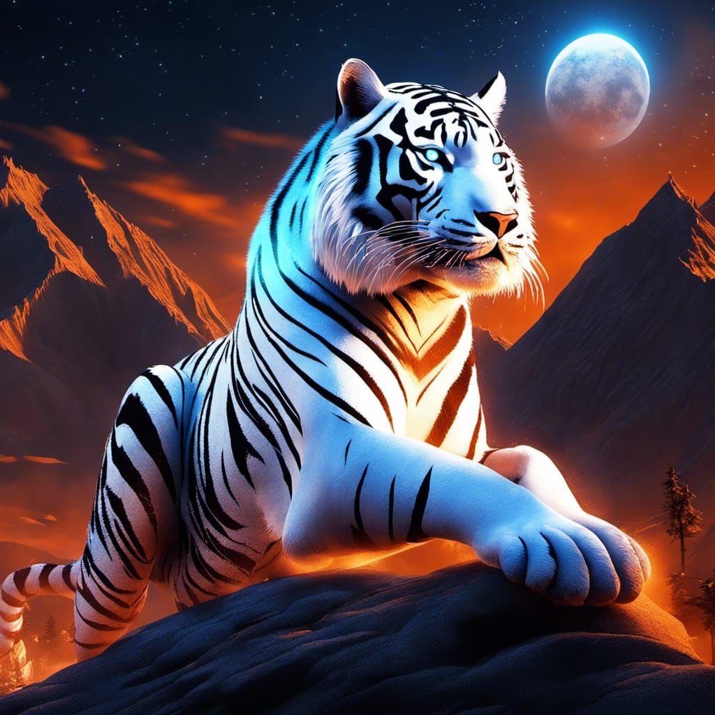White Tigers with Blue Eyes at Midnight in Gothic Style
