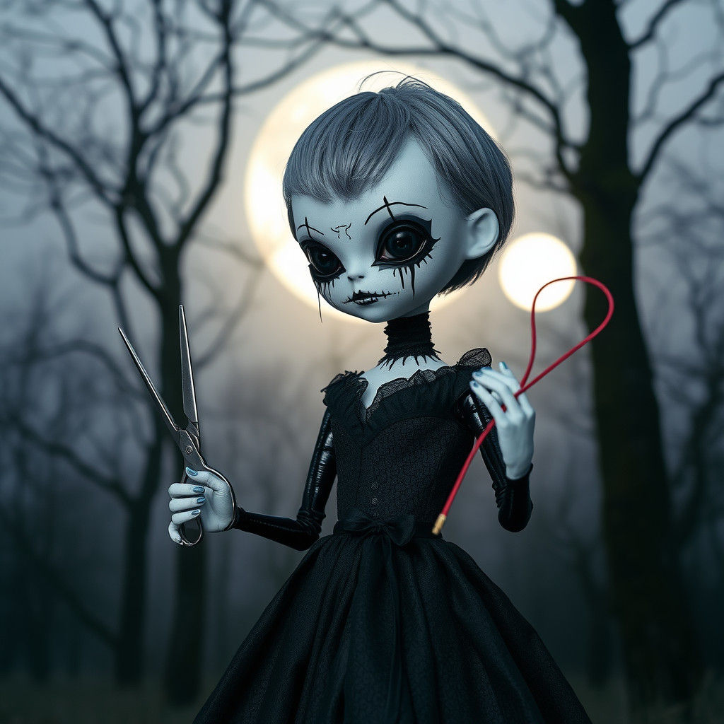 Creepy Monster Doll with Scissors in Moonlight