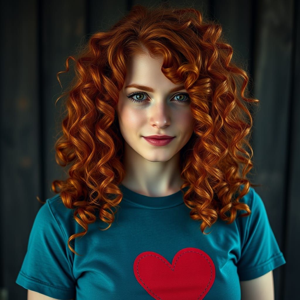 Curly Redhead Woman in Moody Valentine's Day Teal Shirt