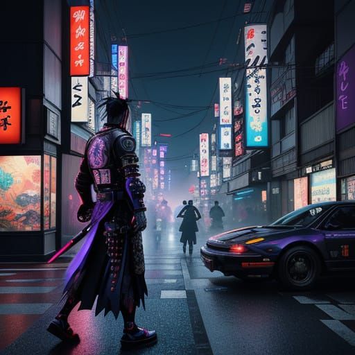 A lone samurai warrior, clad in intricate ukiyo-e inspired a...