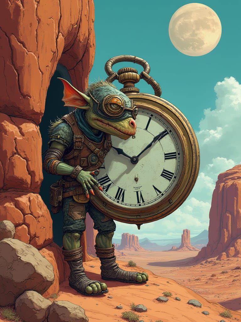 Goblin Peeks from Ornate Pocket Watch on Alien Cliff