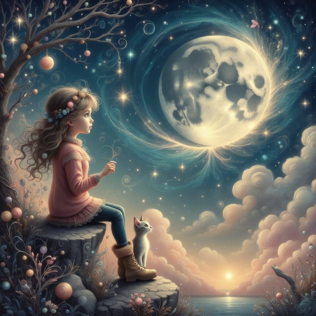 Child and Cat Gaze at Moon in Ethereal Landscape