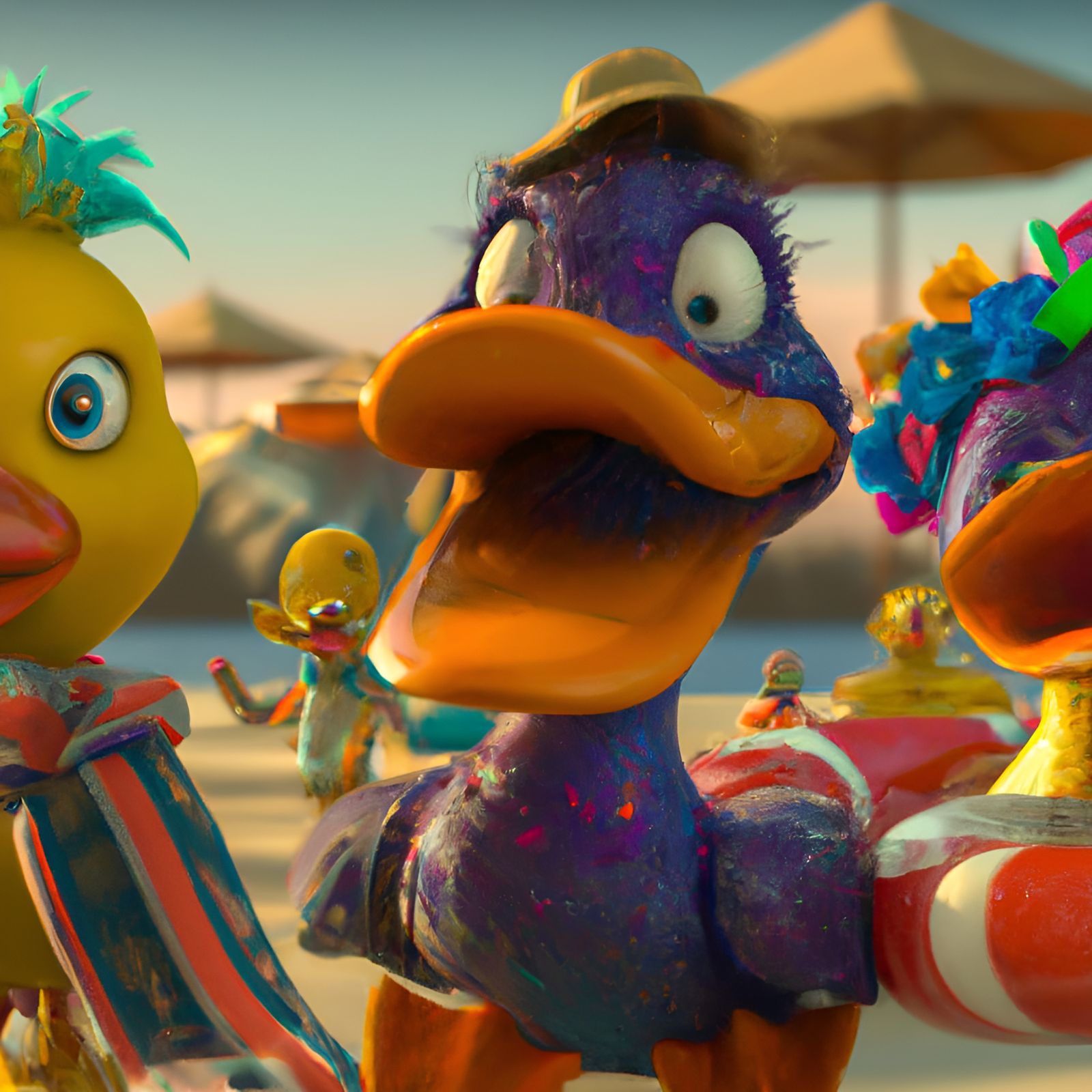 Cheerful Anthropomorphic Ducks Having a Beach Party
