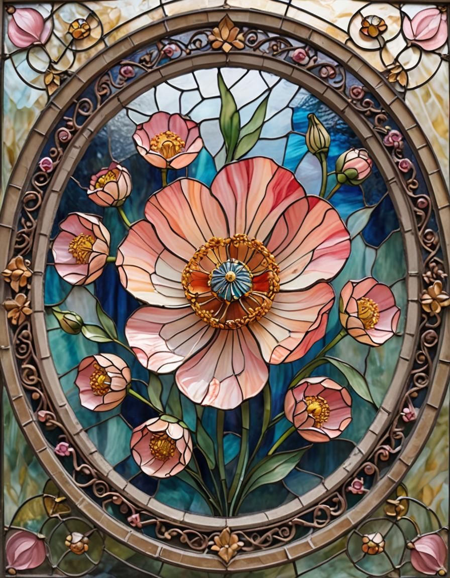 Pink Buttercup Flower in Stained Glass Art