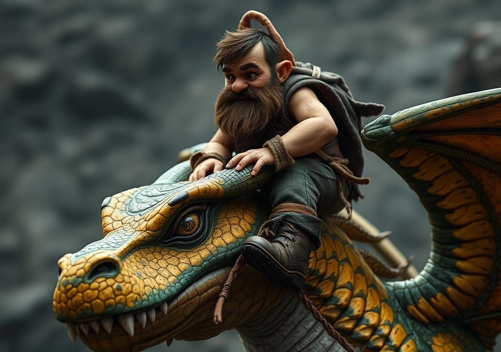 Dwarf Rides Dragon's Head in Hyperrealistic Detail