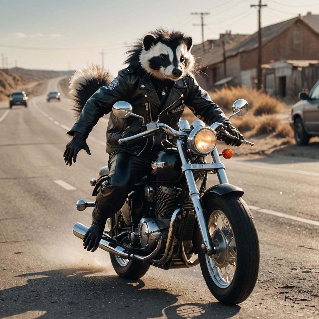 Cyberpunk Skunk Riding Vintage Motorcycle in Deserted Highwa...