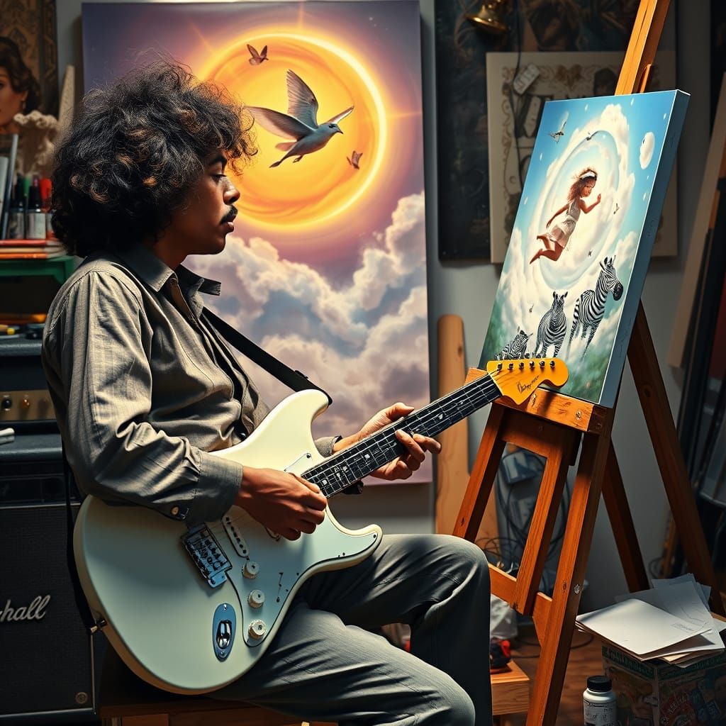 Hyperrealistic Jimi Hendrix Painting a Dreamscapes Masterpie...