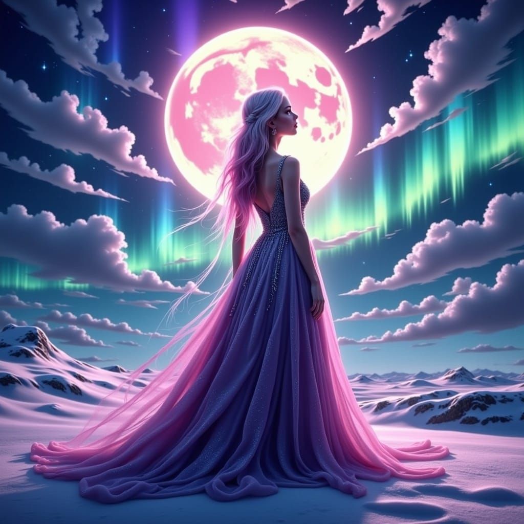 Icelandic Woman Under Northern Lights in Hyperreal Style
