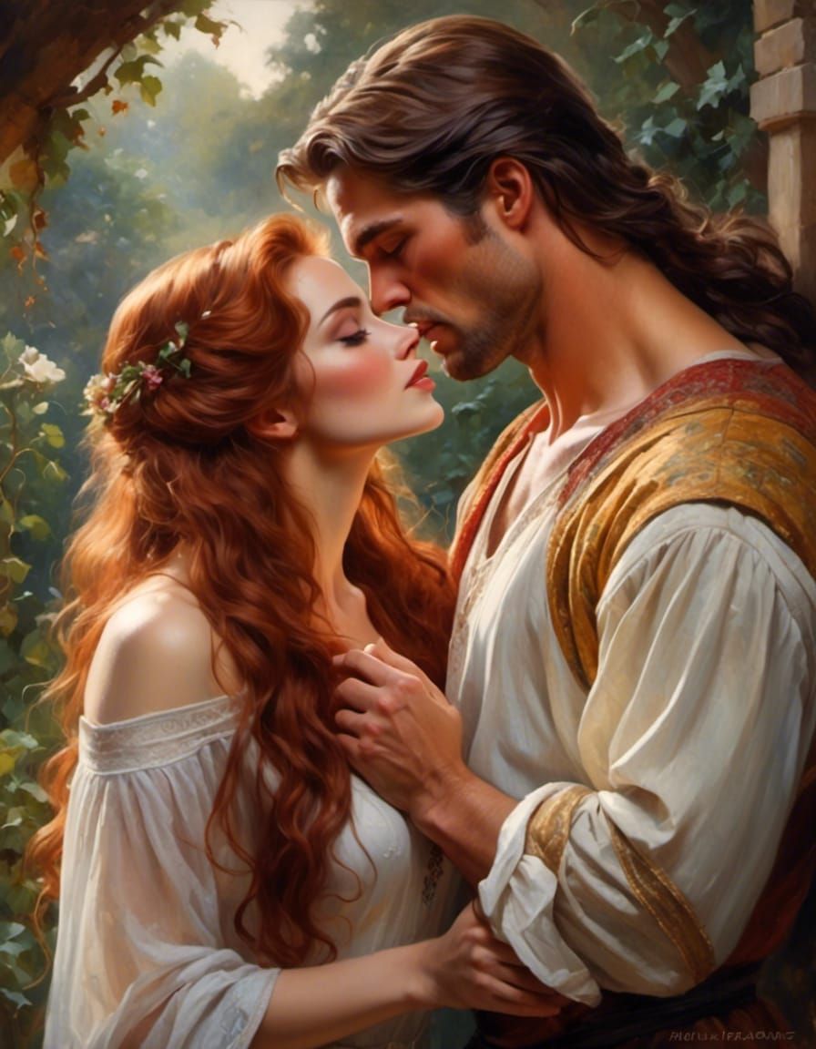 Passionate Kiss: Woman with Auburn Hair in Portrait