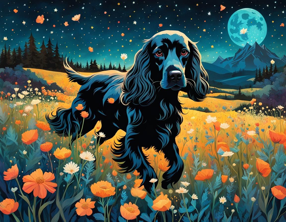 Cocker Spaniel Silhouette in Wildflower Field, Collage Art