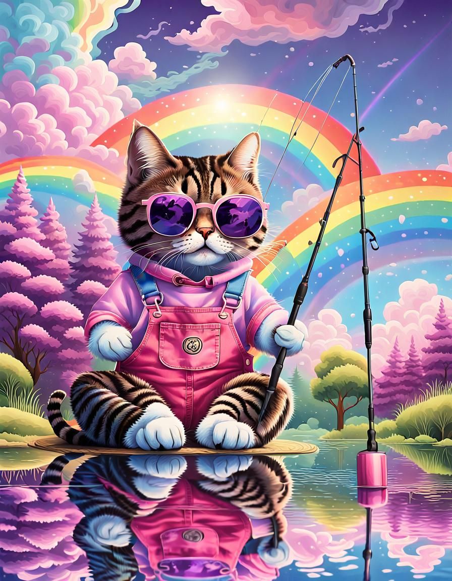 Tabby Cat Fishing in Rainbow Pond, Expressionist Watercolor