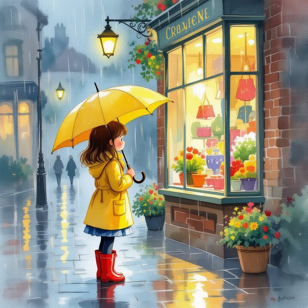 Girl in Yellow Raincoat Stands in Cozy Street