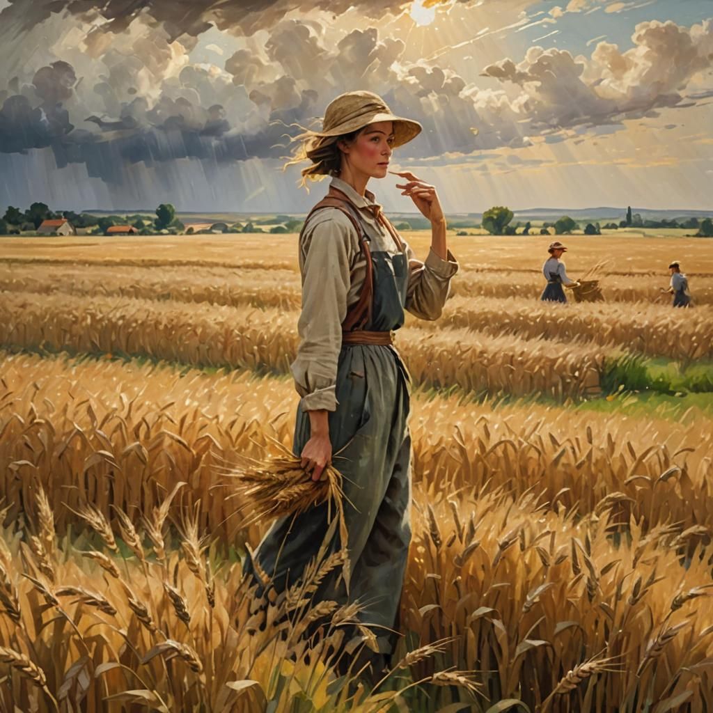 Impressionist Women in Field Under Dramatic Lighting