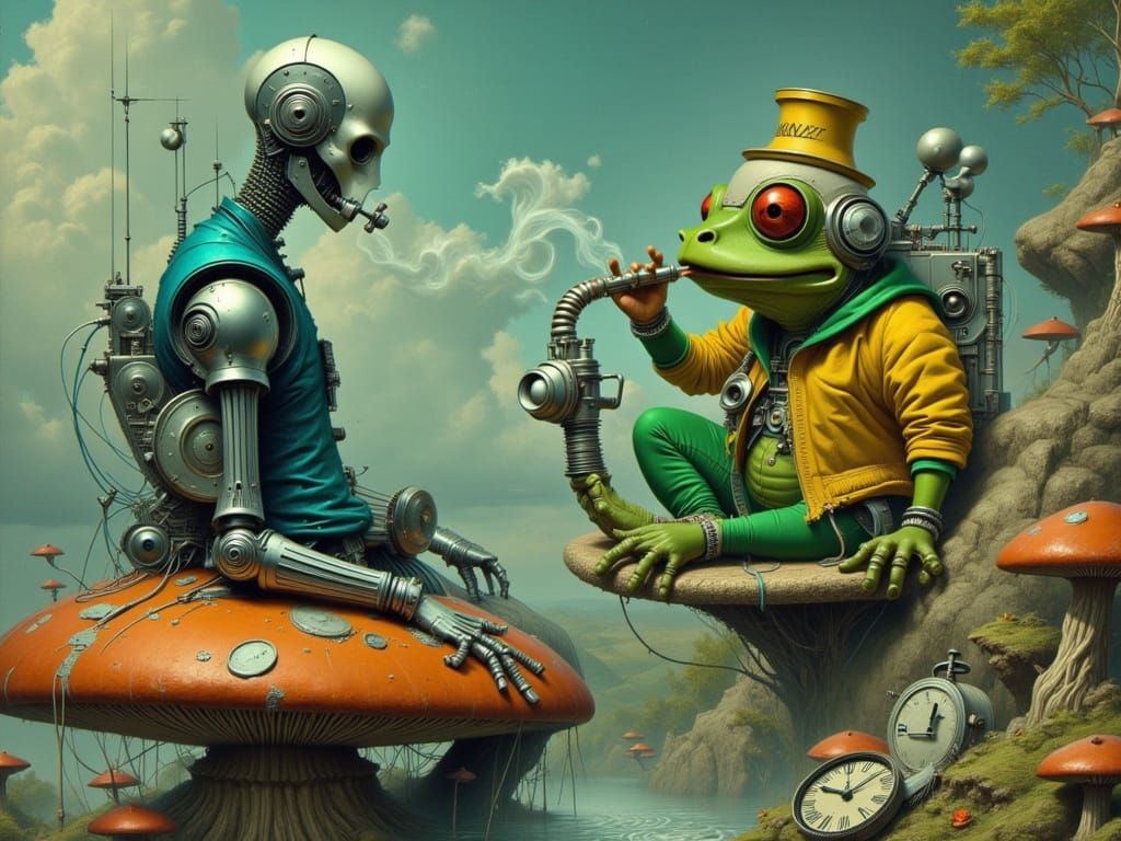 Robot Confides in Frog in Dreamlike Surrealist Scene