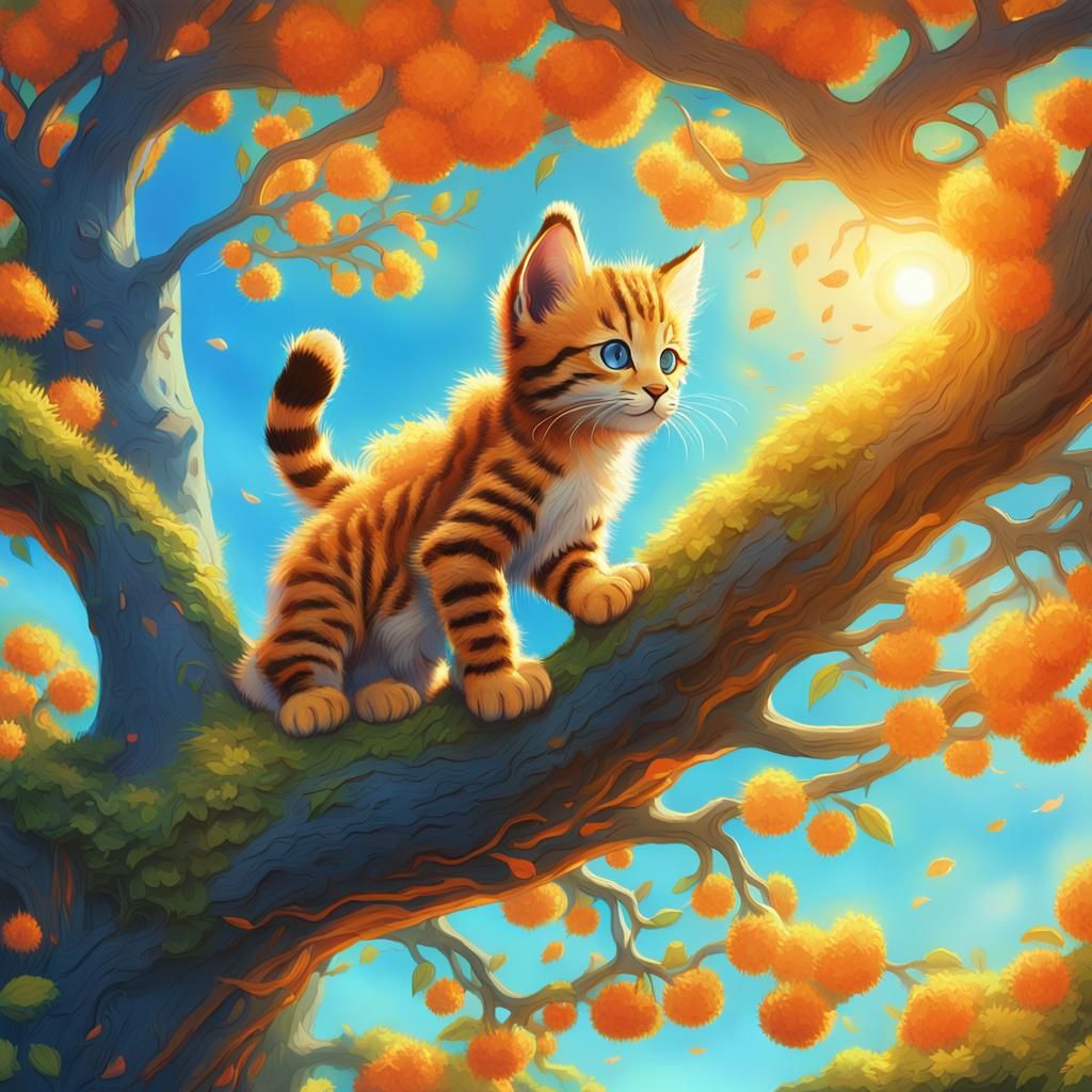 Bobcat Kitten Climbing a Glowing Tree