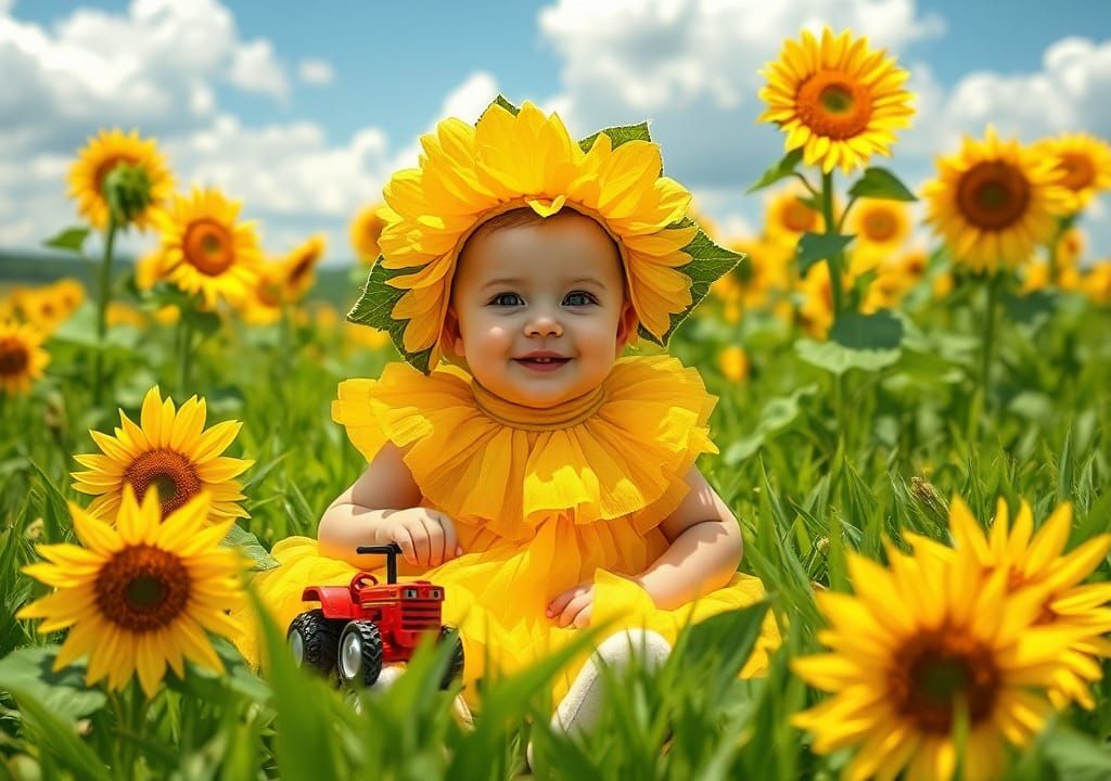 Baby in Sunflower Costume Plays on Farm