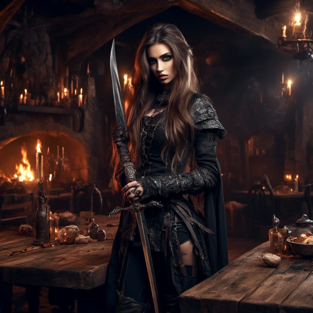 Beautiful Woman with Sword in Medieval Tavern