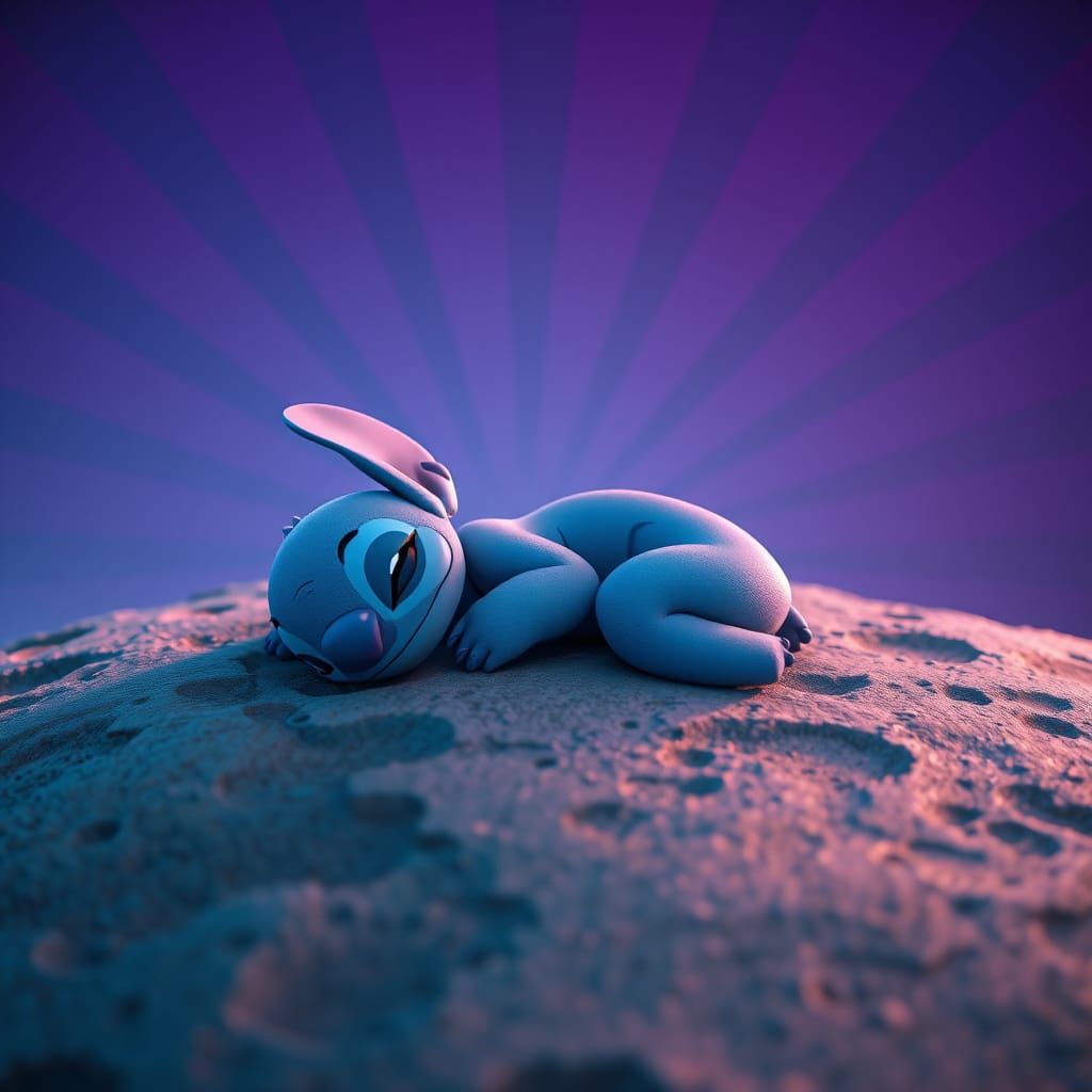 Sleepy Stitch on the Moon in Vibrant, Ethereal Style