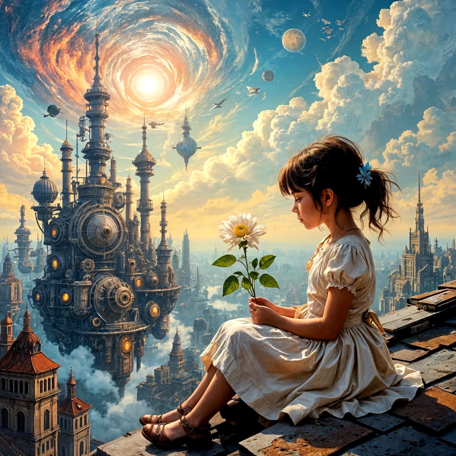 Melancholic Girl on Rooftop Overlooking Surreal Cityscape