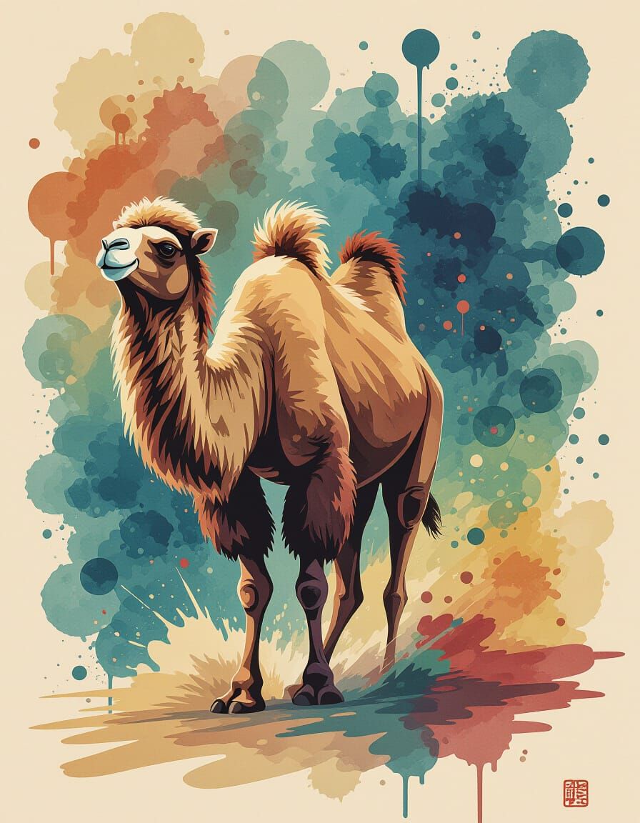 Shaggy Camel Amidst Abstract Art Elements
