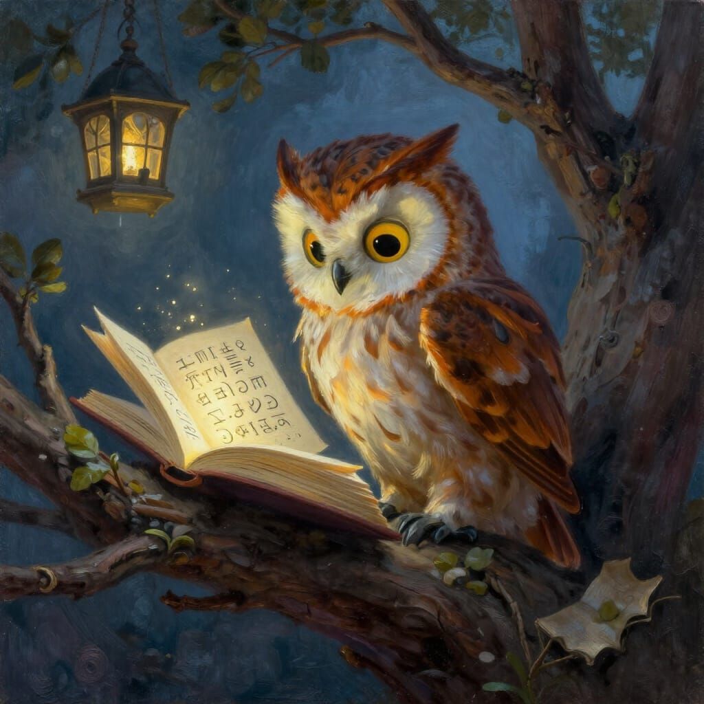 Owlet Apprentice Studies Runes in Treetop Observatory Oil Pa...