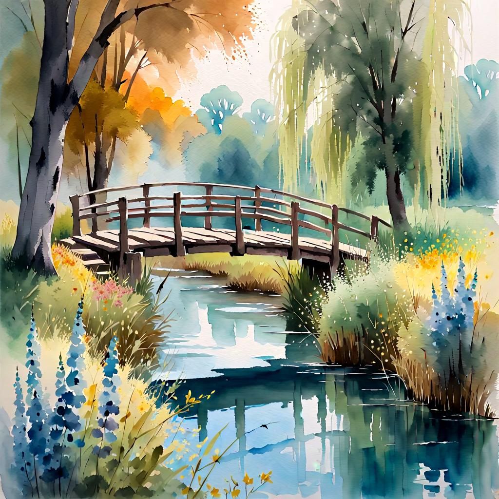 Watercolor Bridge Over Serene River in Autumn