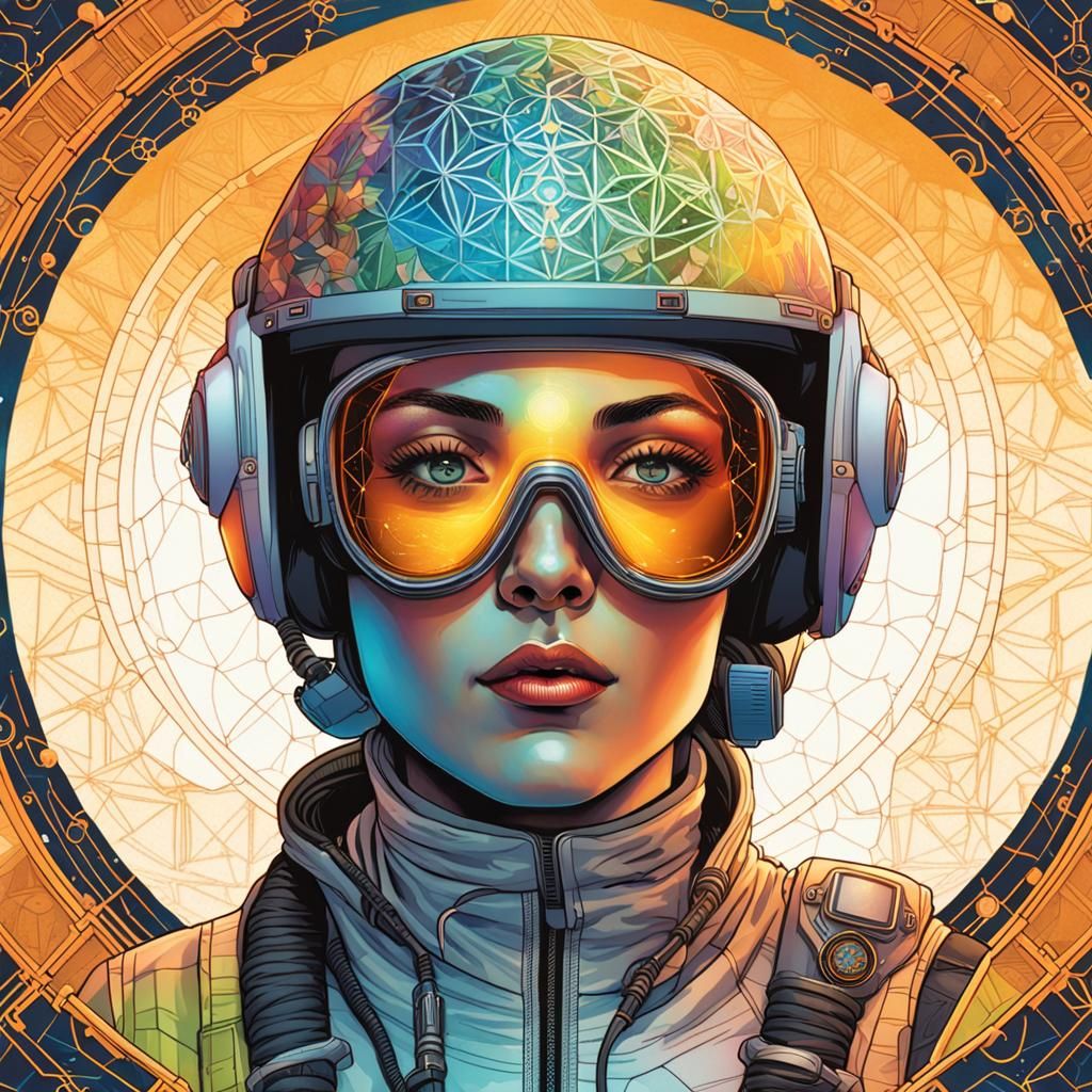 Woman in Space Helmet with Geometric Tattoos