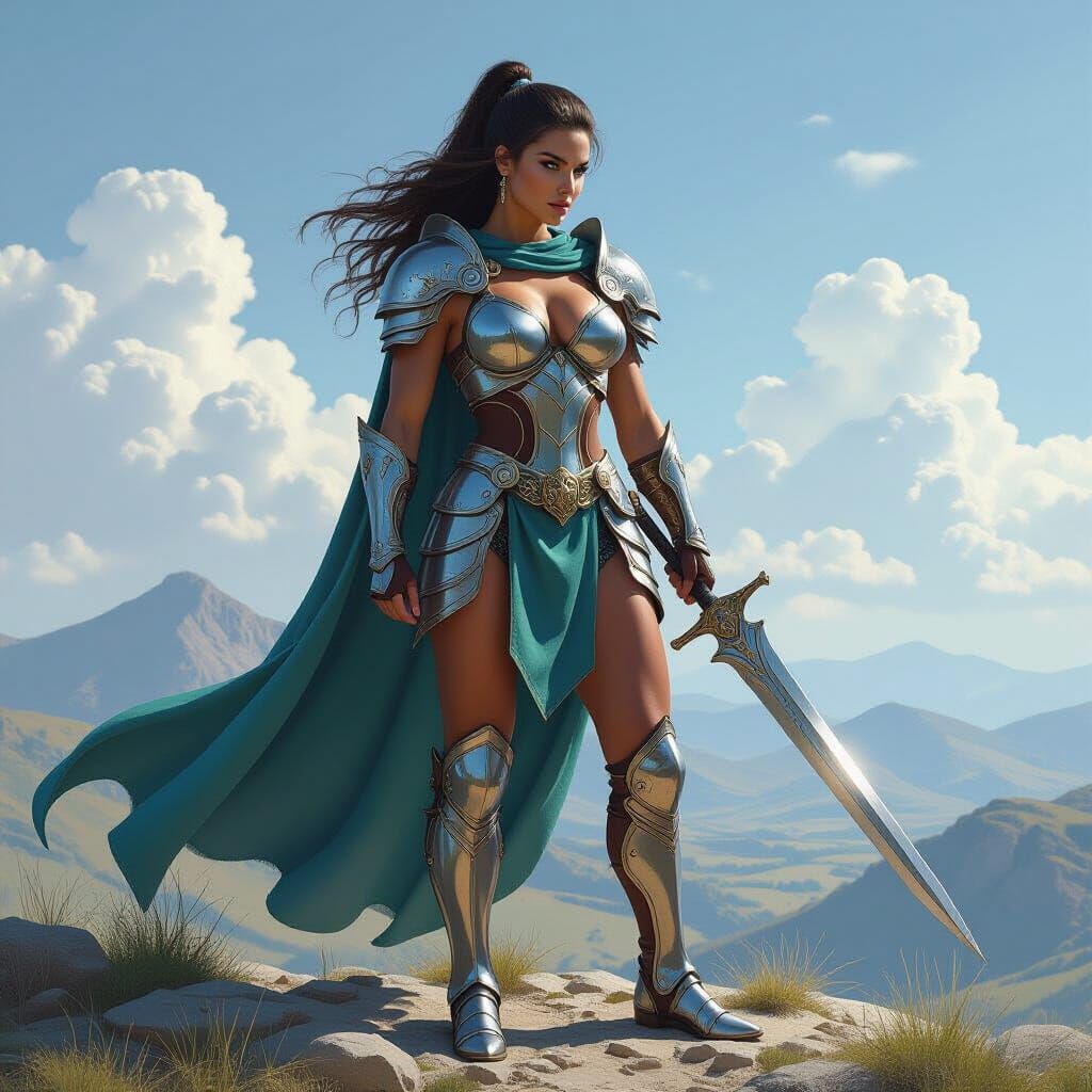 Muscular Warrior Woman in Glass Armor on Hilltop