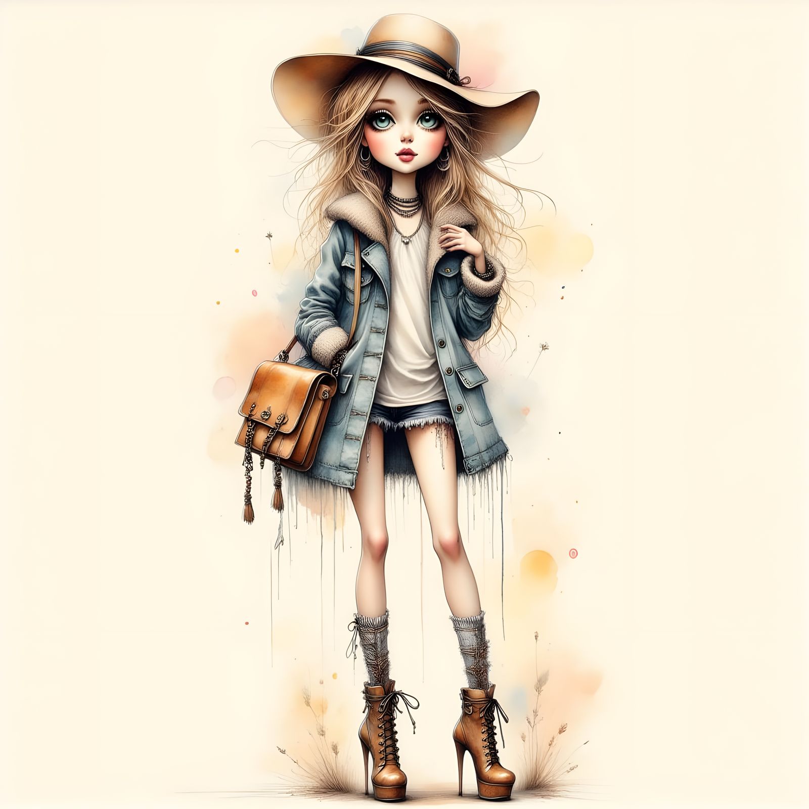 Whimsical Street Woman in Ivory Watercolor