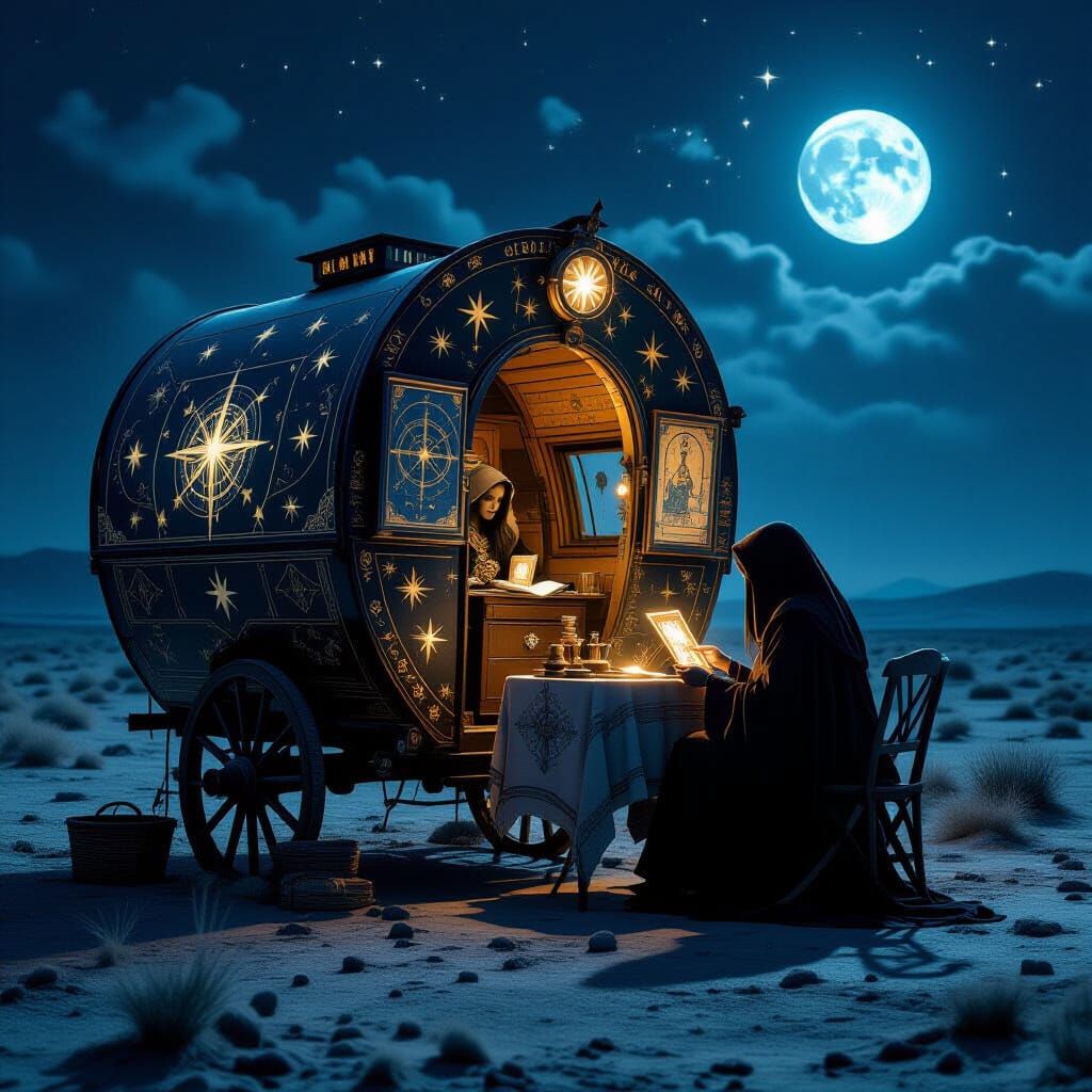 Fortune Teller's Caravan Under Moonlight