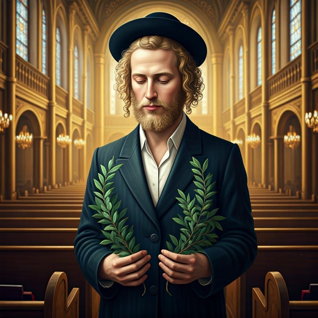 Young Rabbi Holding Wreath in Synagogue, in Chagall Style
