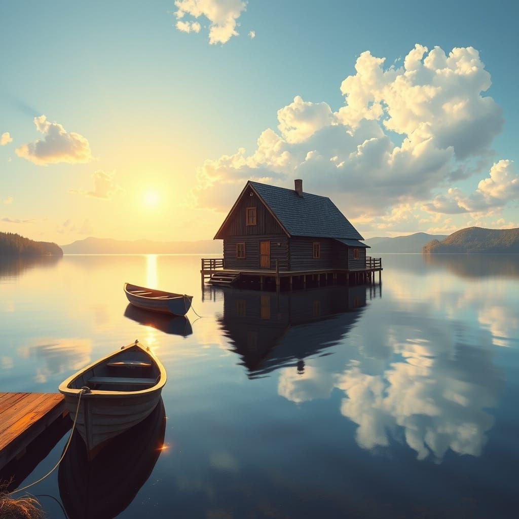 Serene Lake House at Golden Hour Sunset