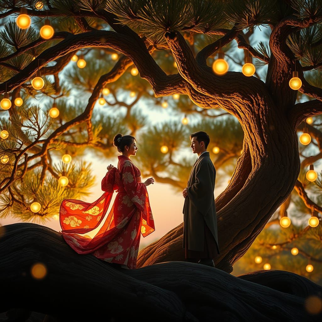 Enchanting Japanese Woman Emerges from Ancient Tree