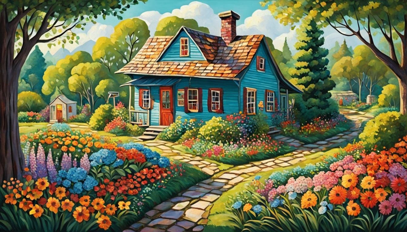 Whimsical Folk Art Cabin Scene in Colorful Gingham and Vibra...