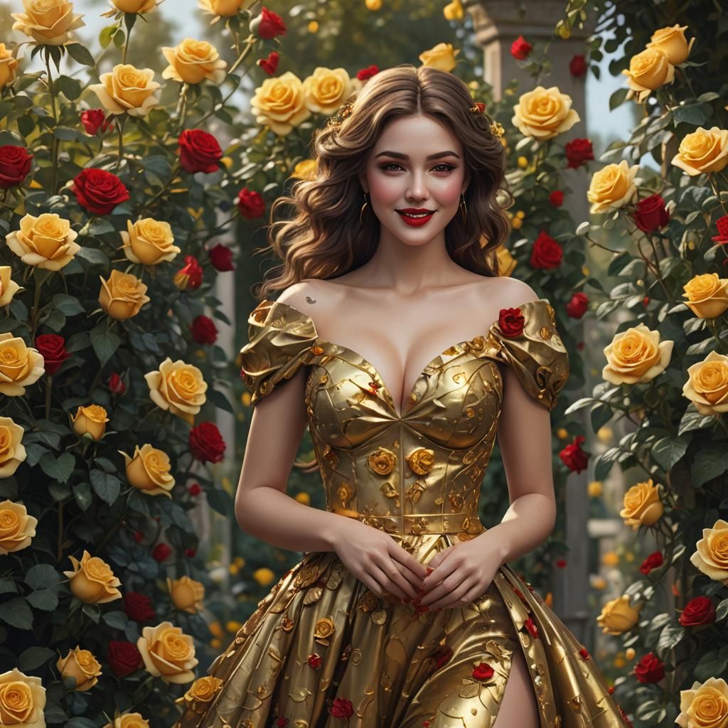 Beautiful Woman in Gold and Red Dress